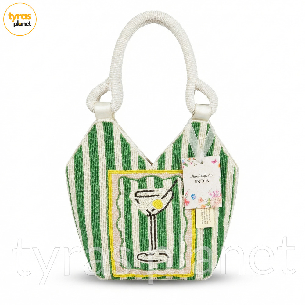 NWT Handcrafted in India Martini Beaded Bag Green & whiteโ Striped Tik Tok Viral